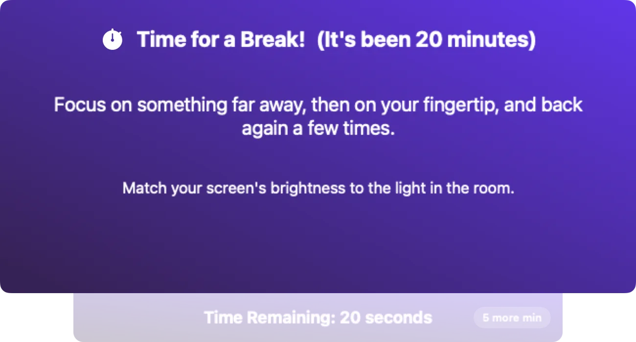 The EyeEase20 break window: Time for a break, with an eye exercise and a 20-second countdown