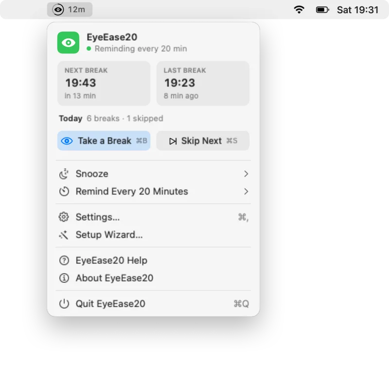 The EyeEase20 menu showing next break, last break, and today's breaks