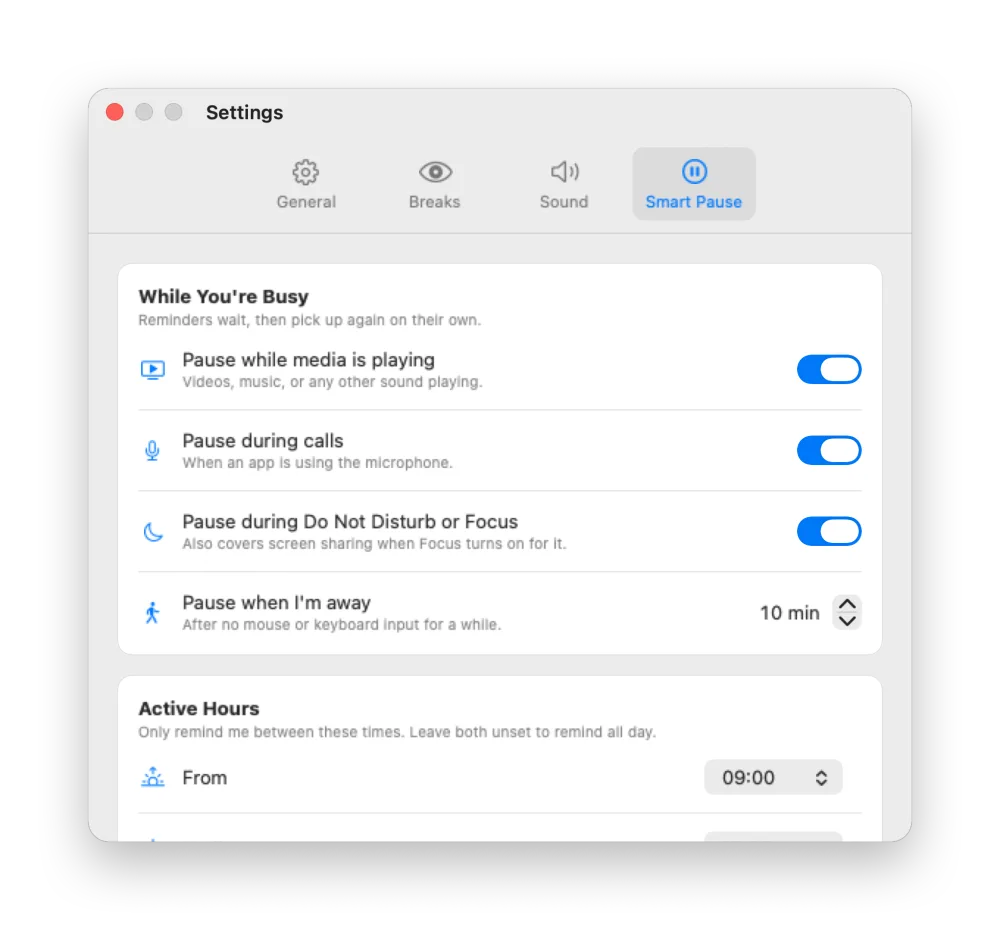 Smart Pause settings: pause while media is playing, during calls, during Focus, and when away